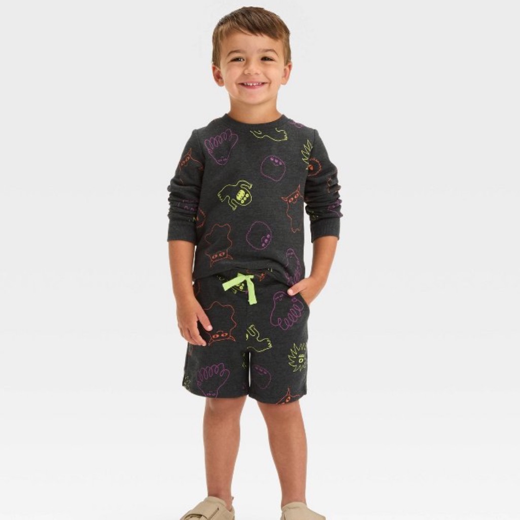 Cat & Jack Toddler Boys 2 Piece Set Crewneck And Shorts Monster Ghost Print